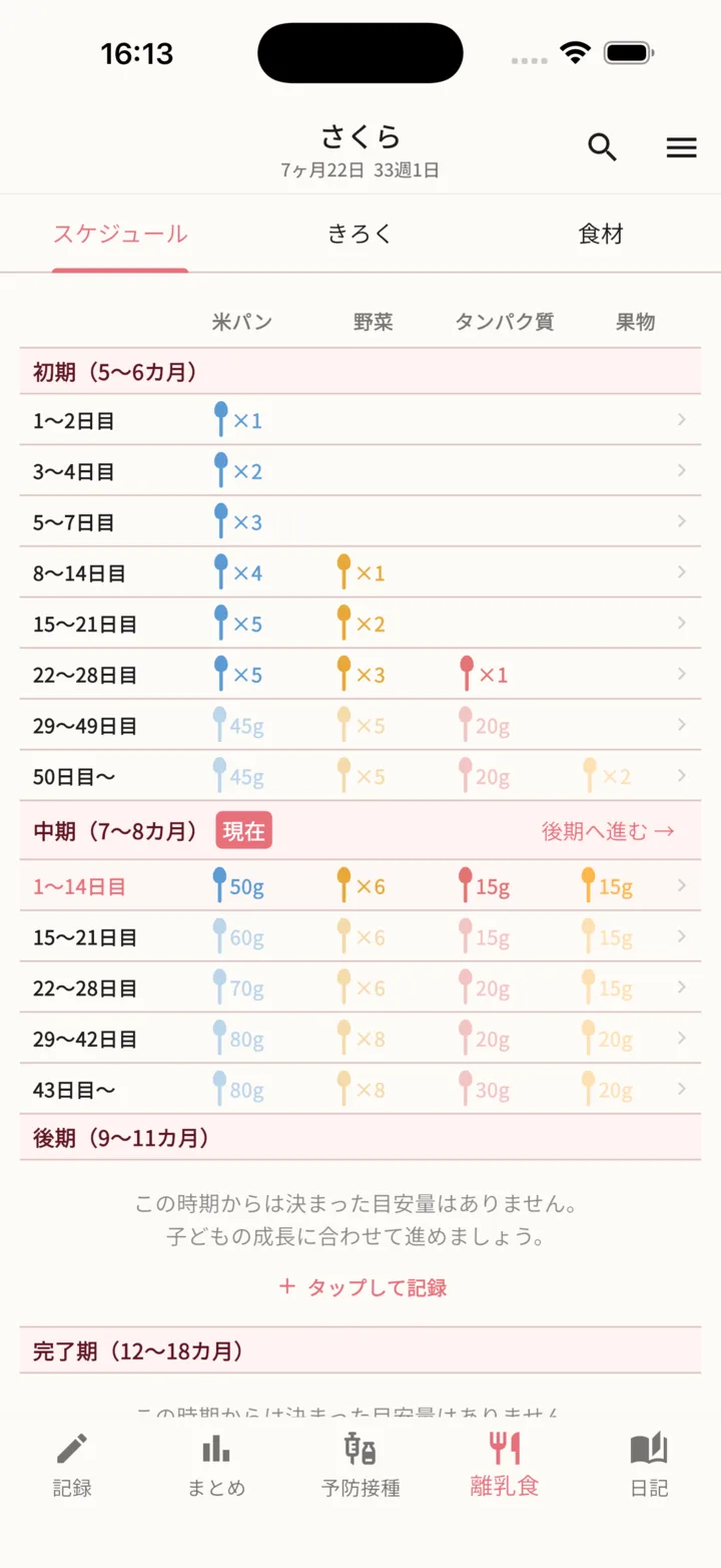 離乳食管理画面